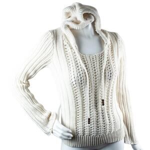 American Eagle Womens Sweater Large Cream Hooded Open Cable Knit Crochet Hoodie